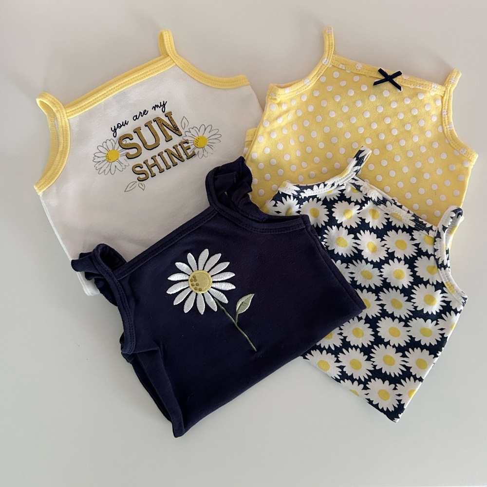 9-12 month old set of 4 onesie bodysuits with Daisy, Sunshine, Polka Dot prints